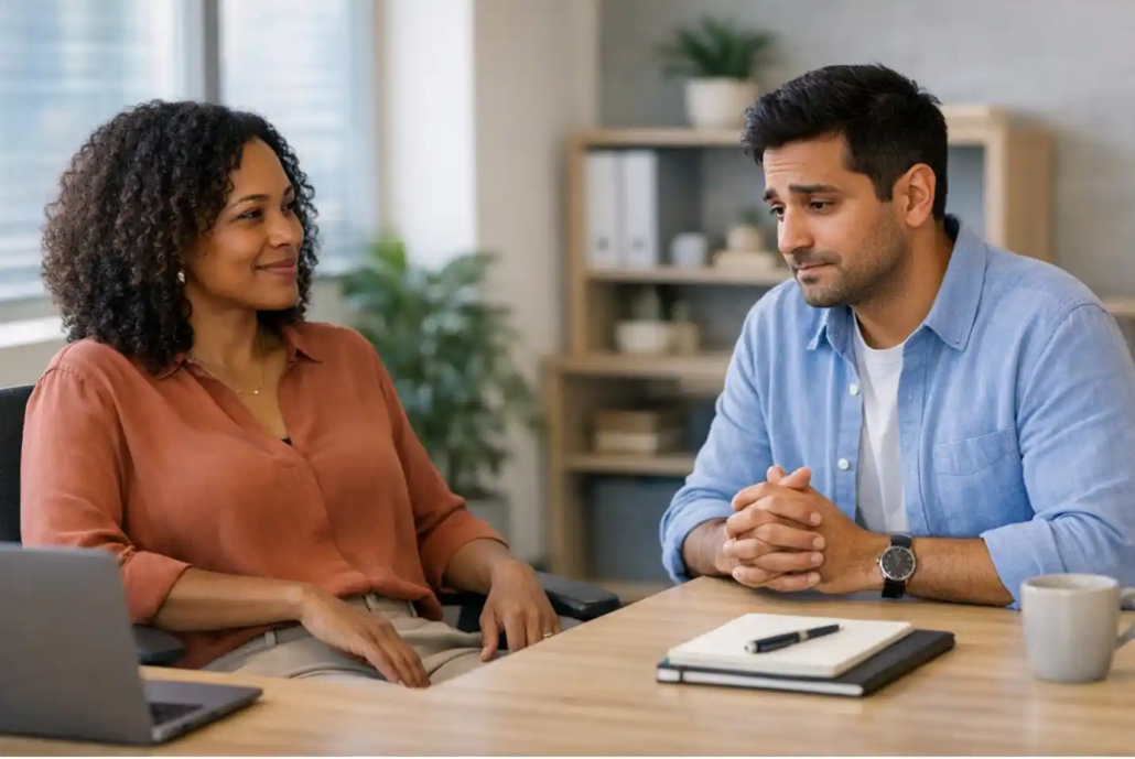 A manager and an employee sit and have a discussion at a table.